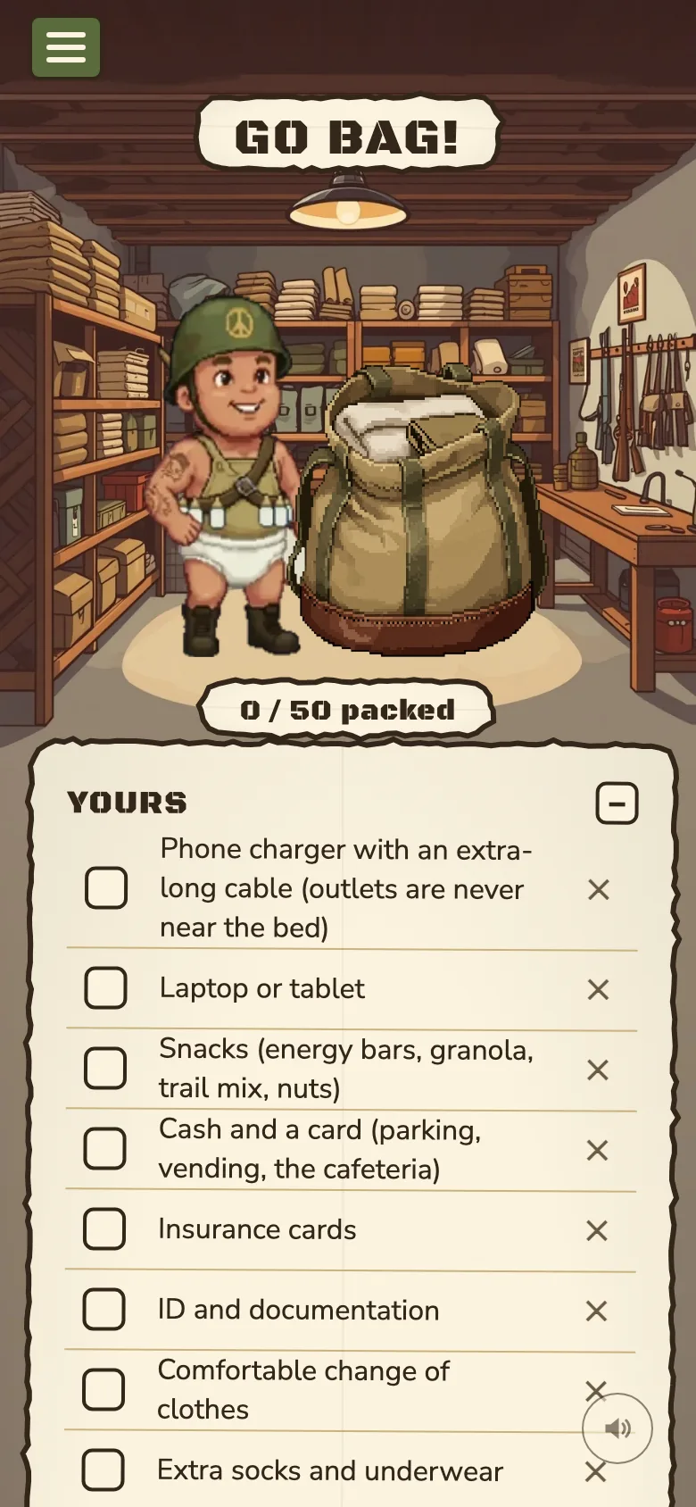The go bag: the armory, with a fifty-item hospital bag checklist