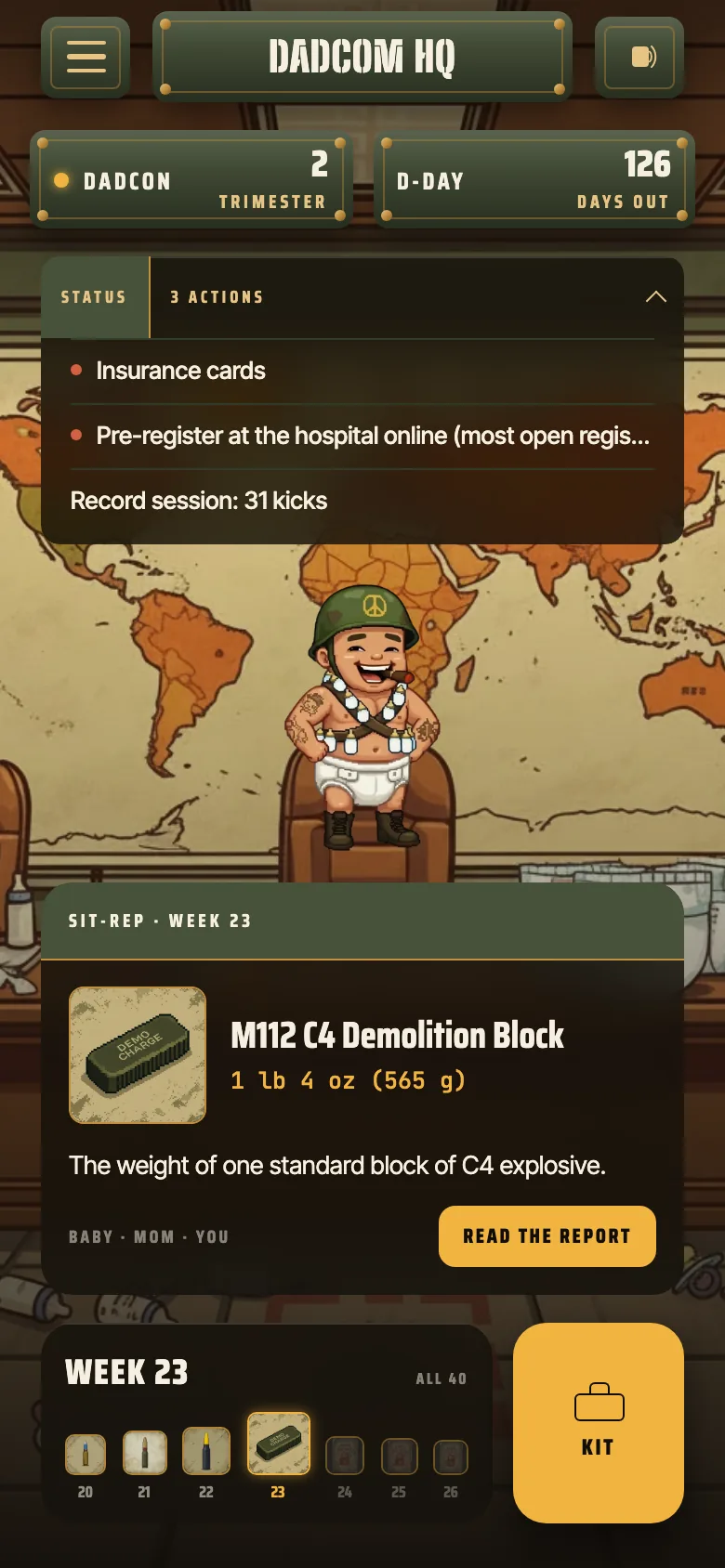 The Bullet Baby home screen: the trimester gauge, the countdown, and this week's report